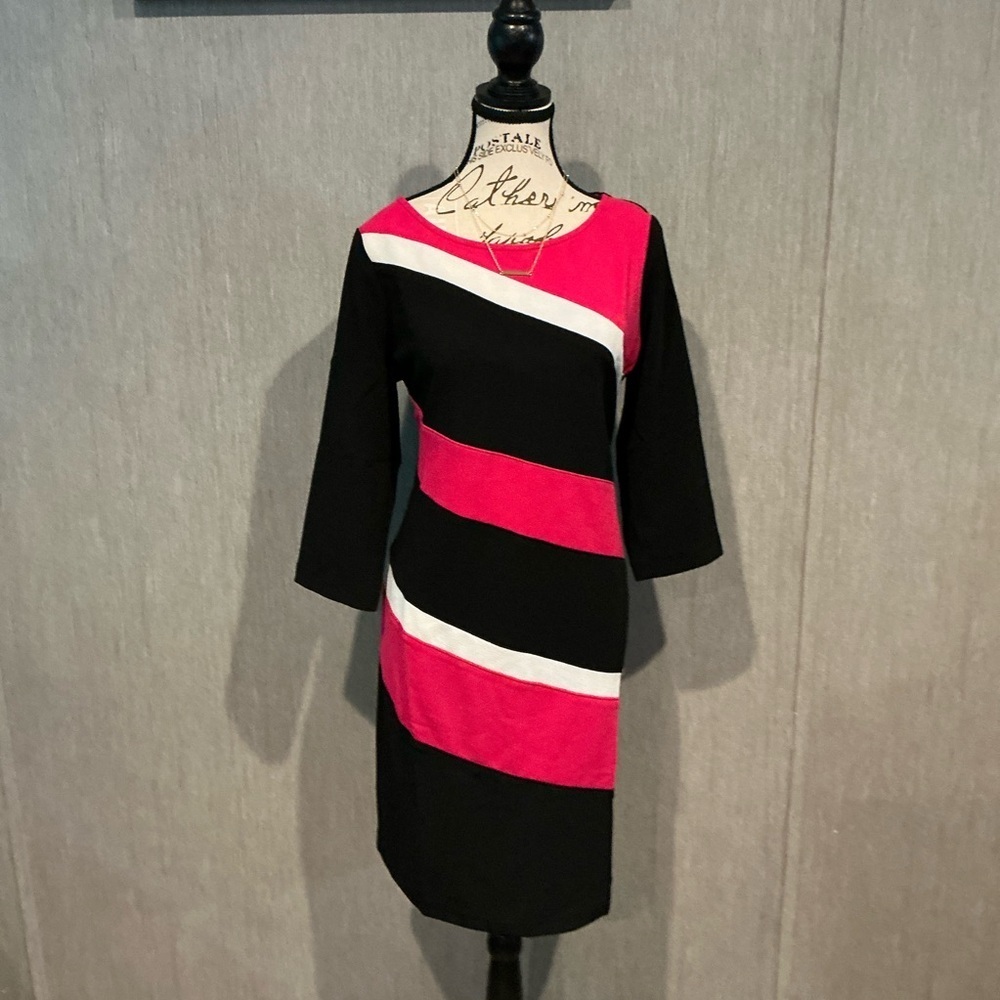 Zoe+Phoebe Asymmetrical Black and Pink Sheath Dress with 3/4 Sleeves Size Large